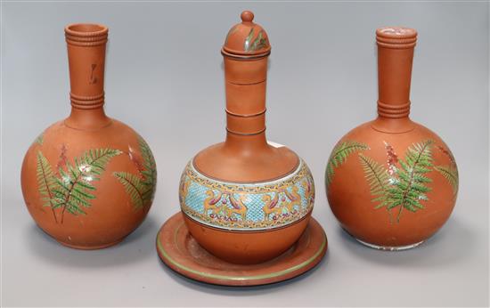 Three Victorian pottery vases and a stand tallest 30cm